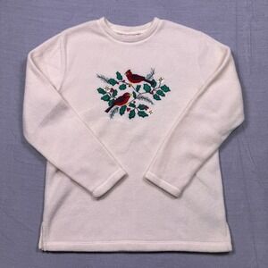 Basic Editions Holiday Womens Medium Fleece Sweatshirt Red Cardinal Birds‎ Cream